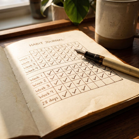 A habit journal with four weeks ticked off