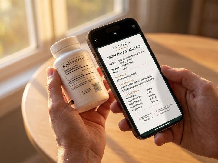A hand scanning the QR code on the VALORA NMN bottle