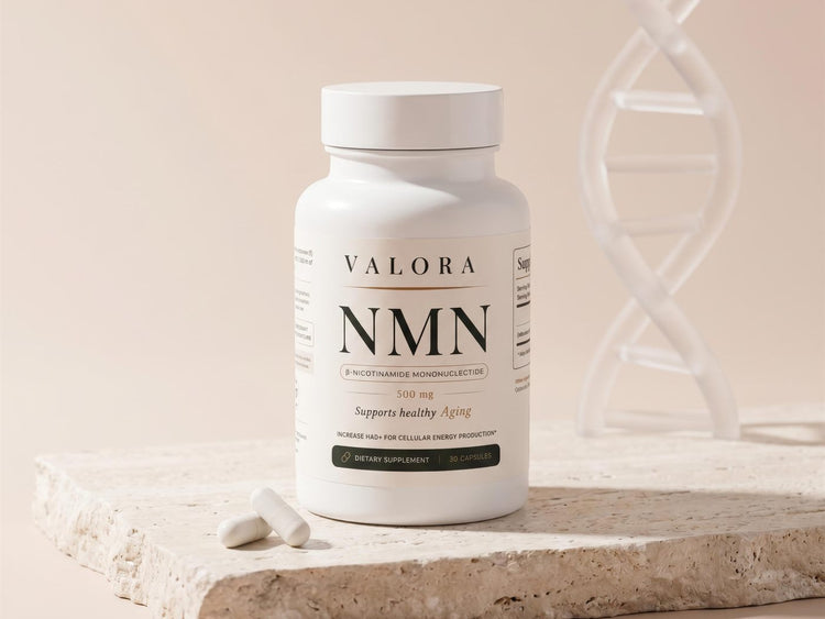 The VALORA NMN bottle styled in close-up detail
