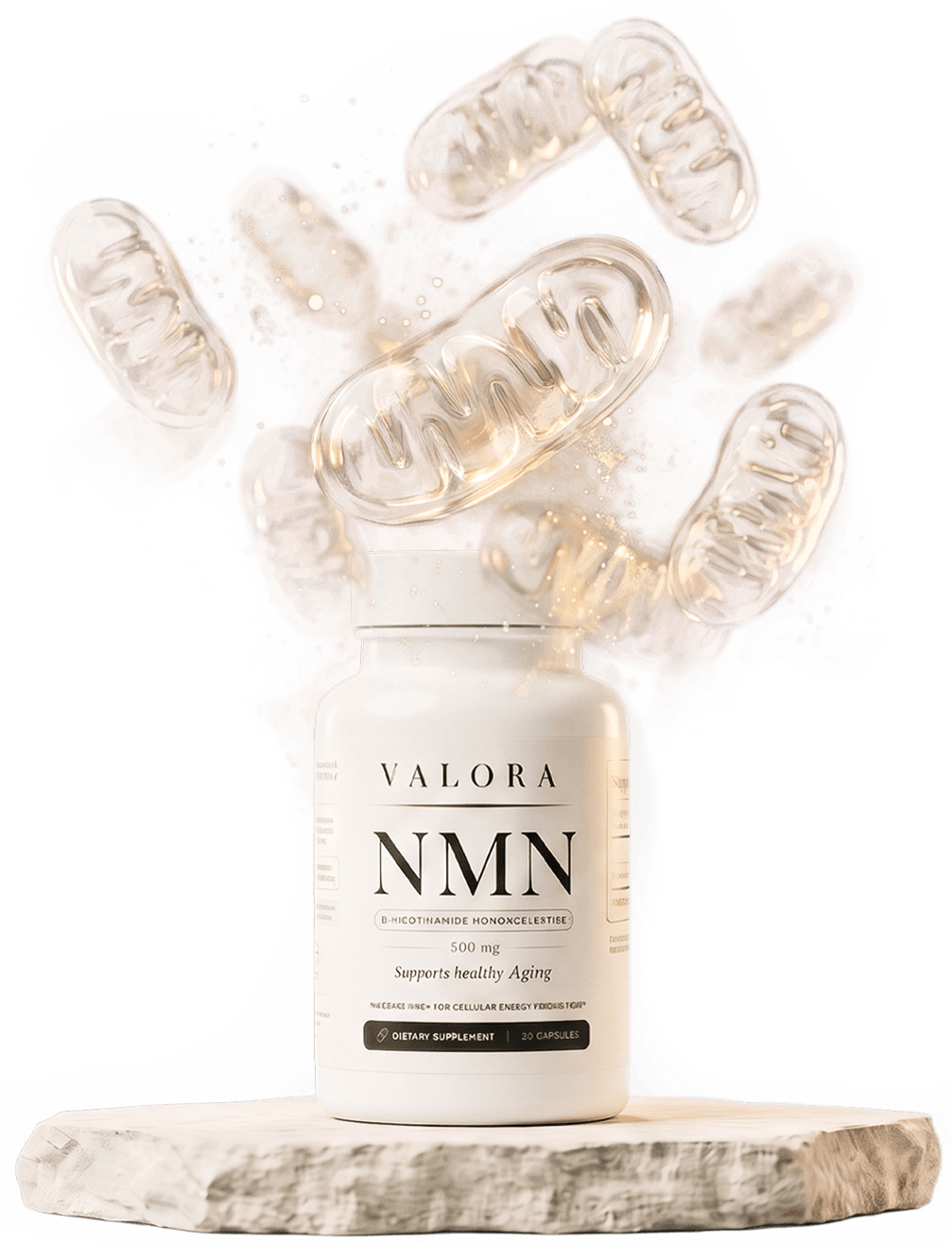 VALORA NMN bottle on a marble riser