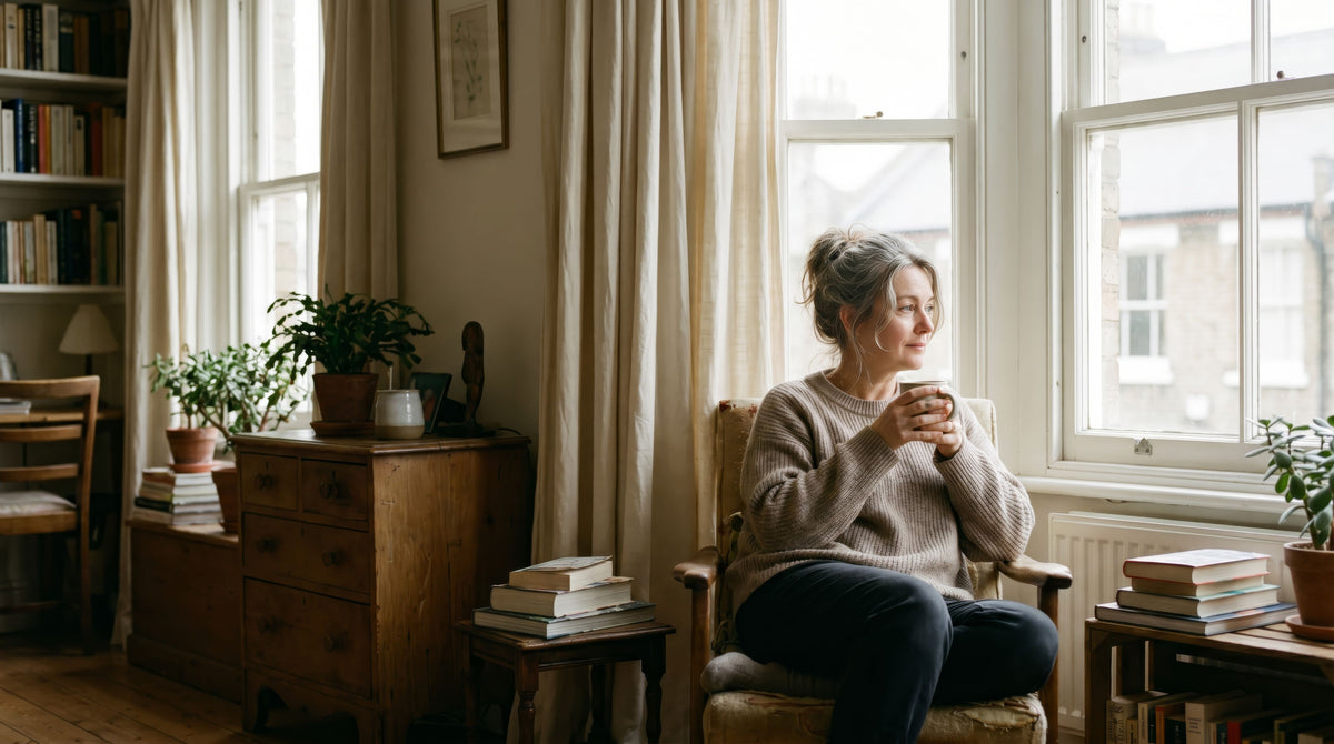 A woman in her fifties by a sunlit window, calm and clear-eyed