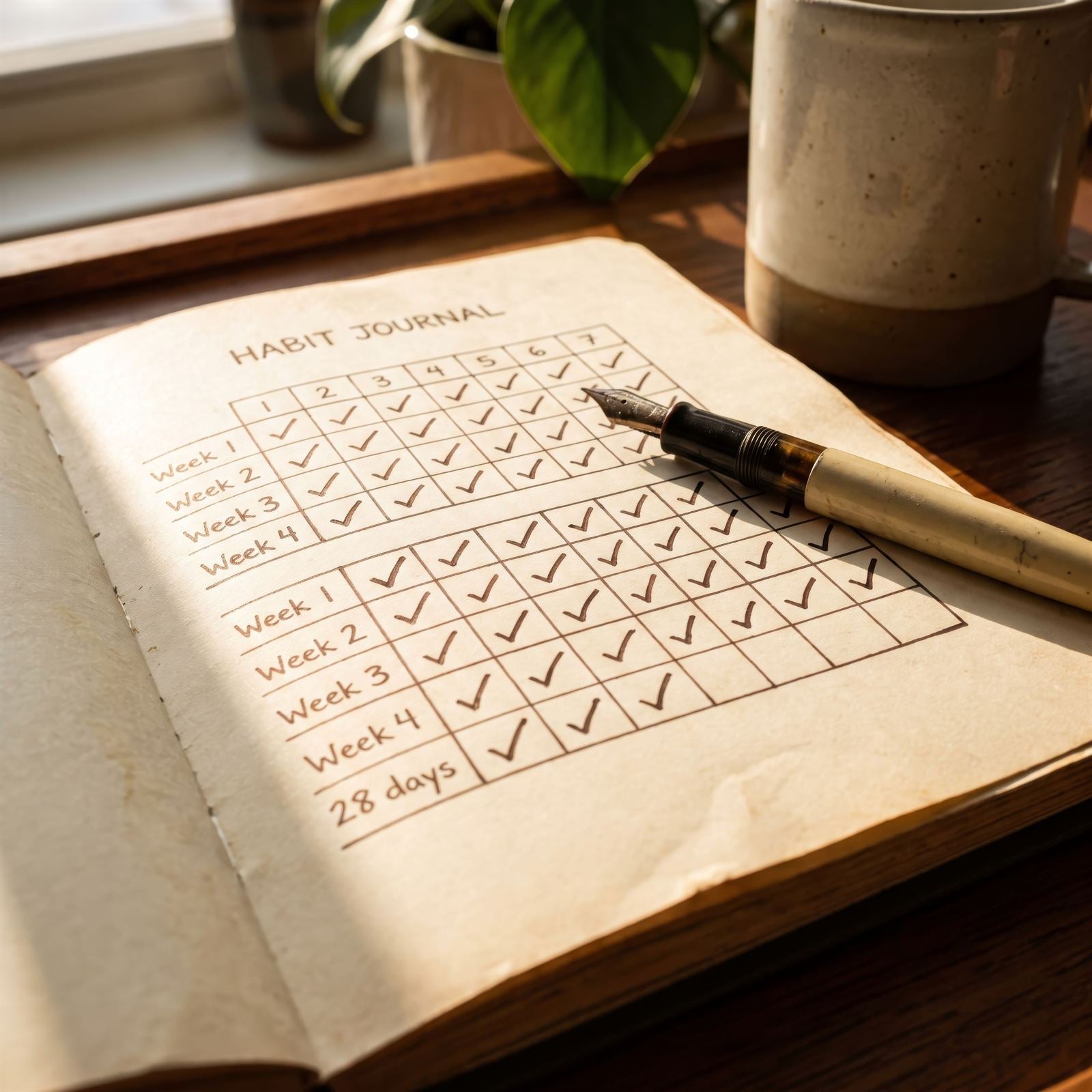 A habit journal with four weeks ticked off