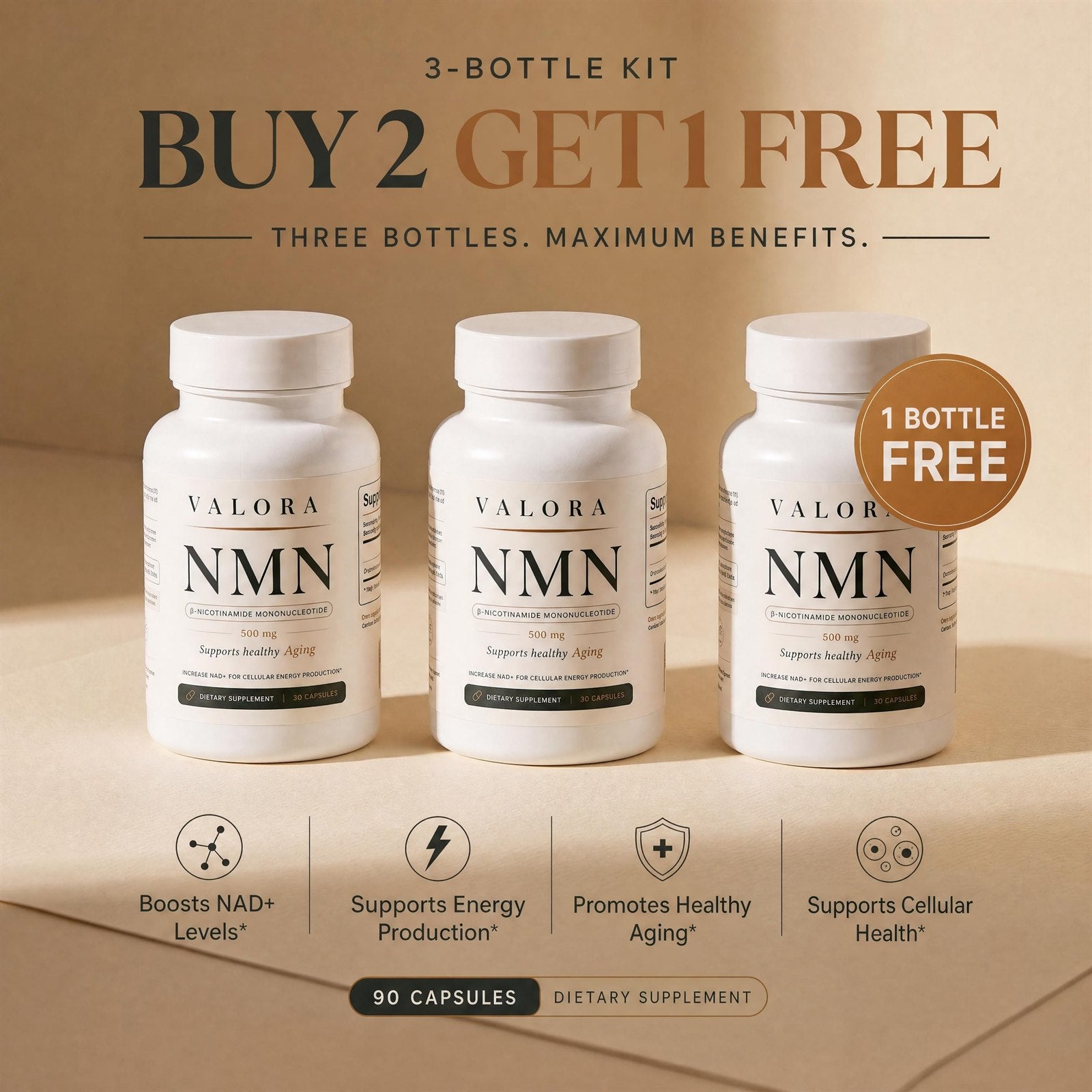 VALORA NMN Buy 2, Get 1 Free — a three-bottle kit, 90 capsules, with the third bottle free