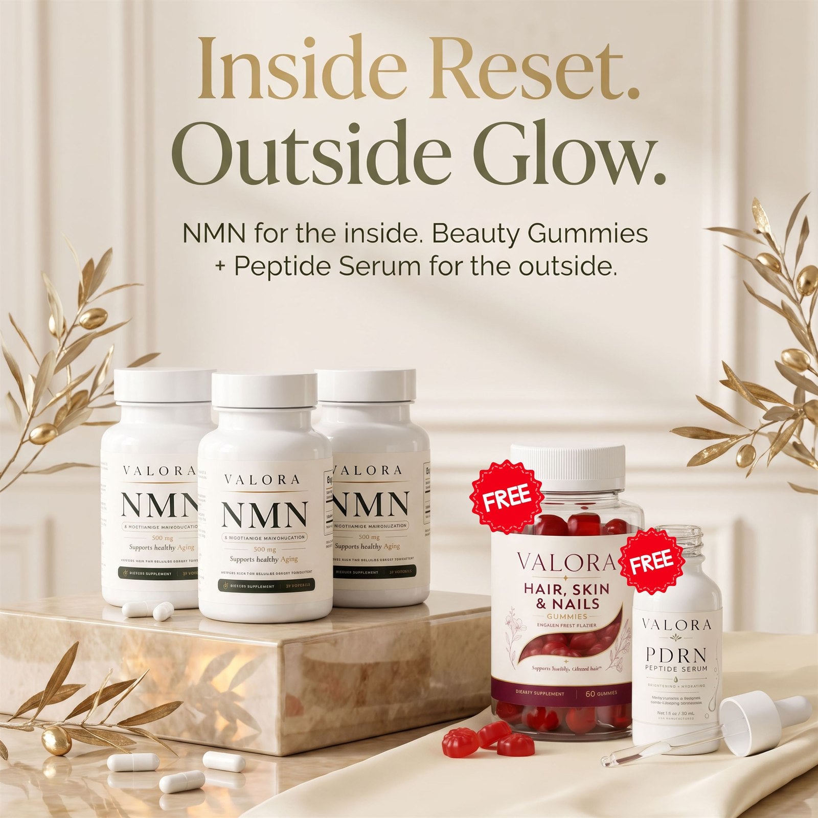 The VALORA Inside-Out Longevity System — three bottles of NMN with the free Daily Radiance Gummies and PDRN Peptide Serum