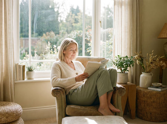 A woman reading by a bright window, clear-eyed and calm