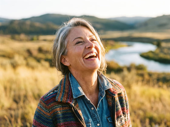 A vibrant woman laughing outdoors in golden-hour light