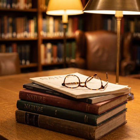 A stack of scientific journals with reading glasses