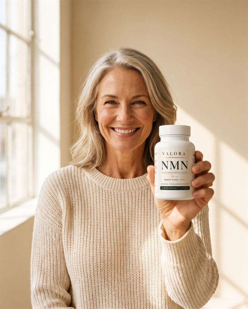 A smiling woman holding the VALORA NMN bottle toward the camera