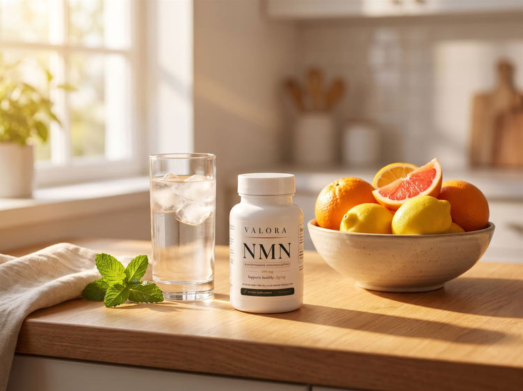 The VALORA NMN bottle on a bright kitchen counter