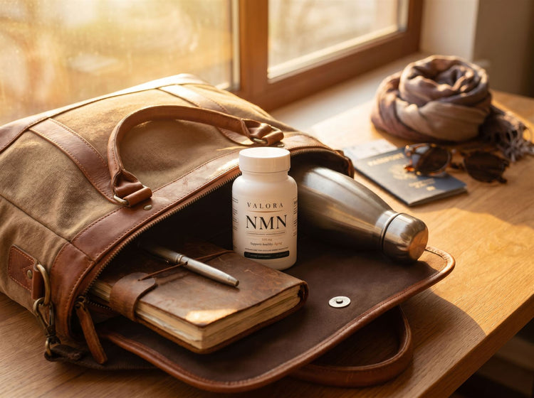 The VALORA NMN bottle in an open travel bag