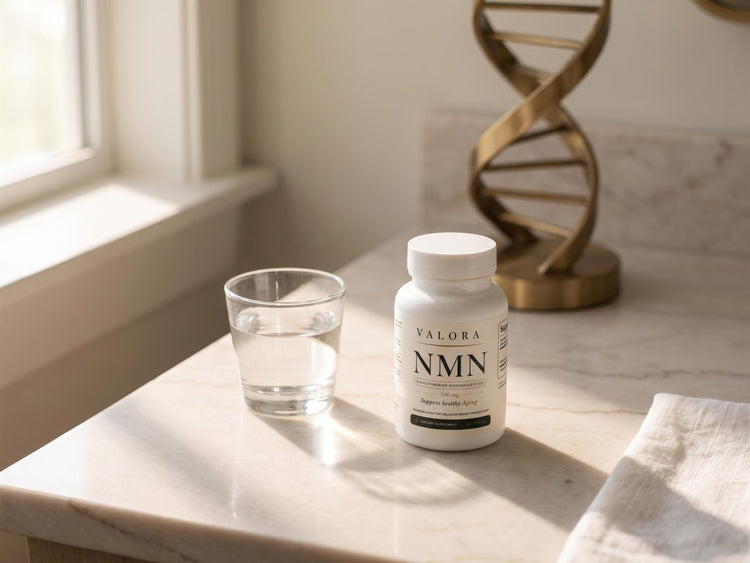 The VALORA NMN bottle styled in close-up detail