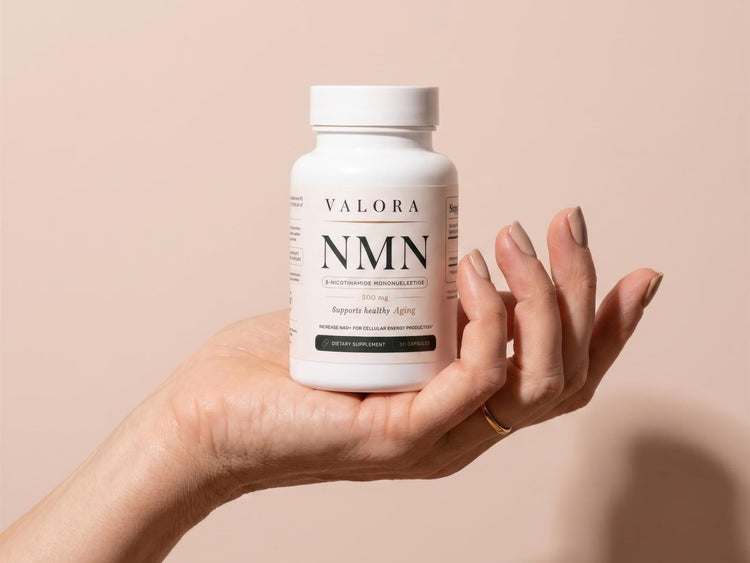 The VALORA NMN bottle styled in close-up detail